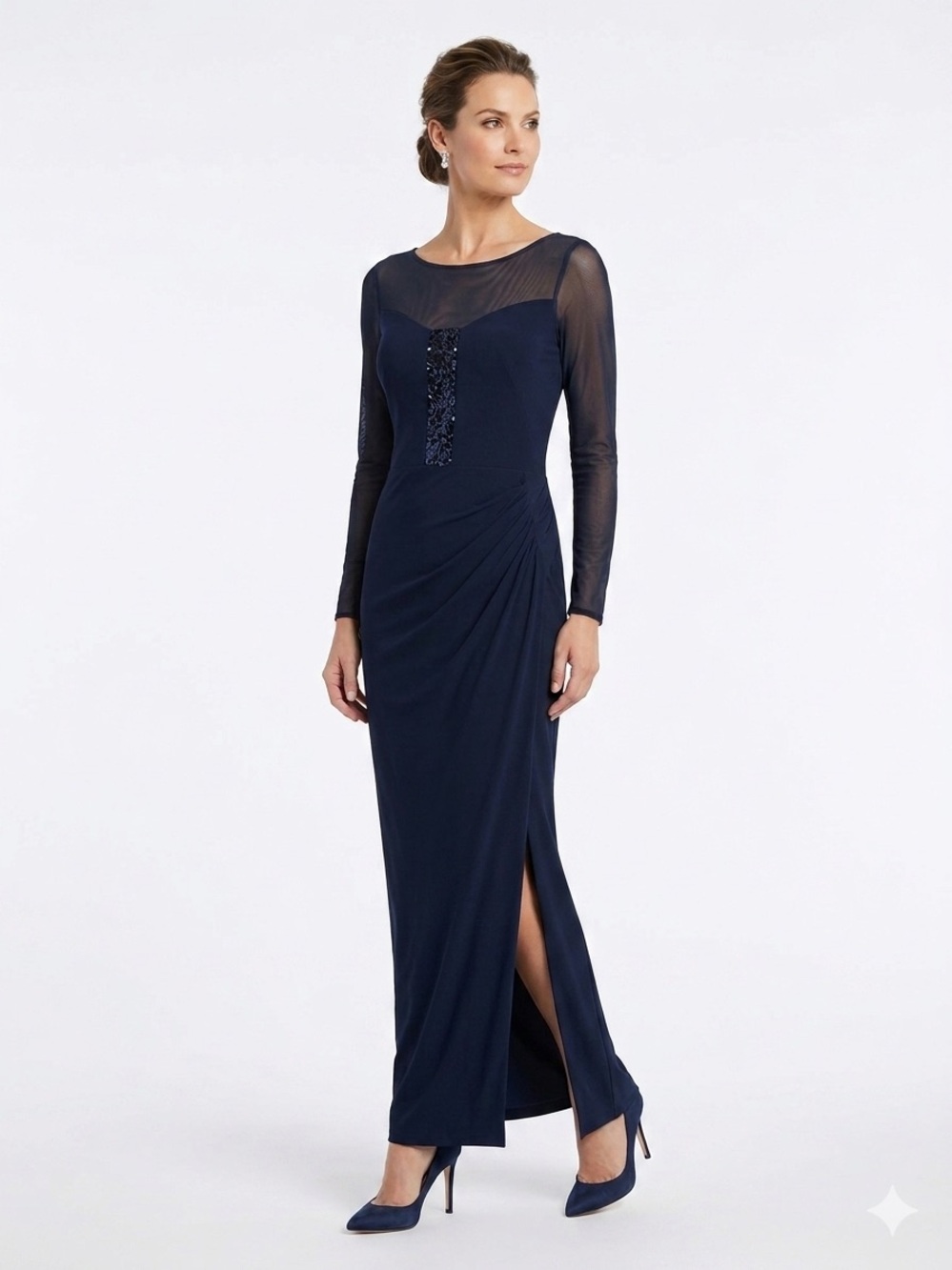 Lauren Ralph Lauren Navy Long-Sleeve Sheer Yoke Evening Gown